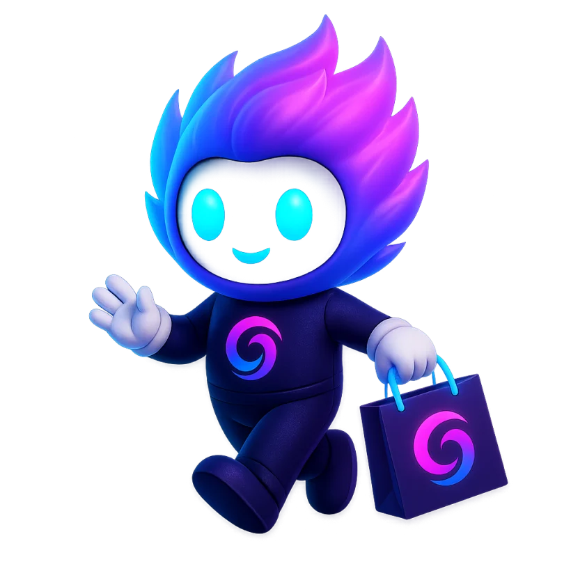 Sparko carrying a glowing neon shopping bag